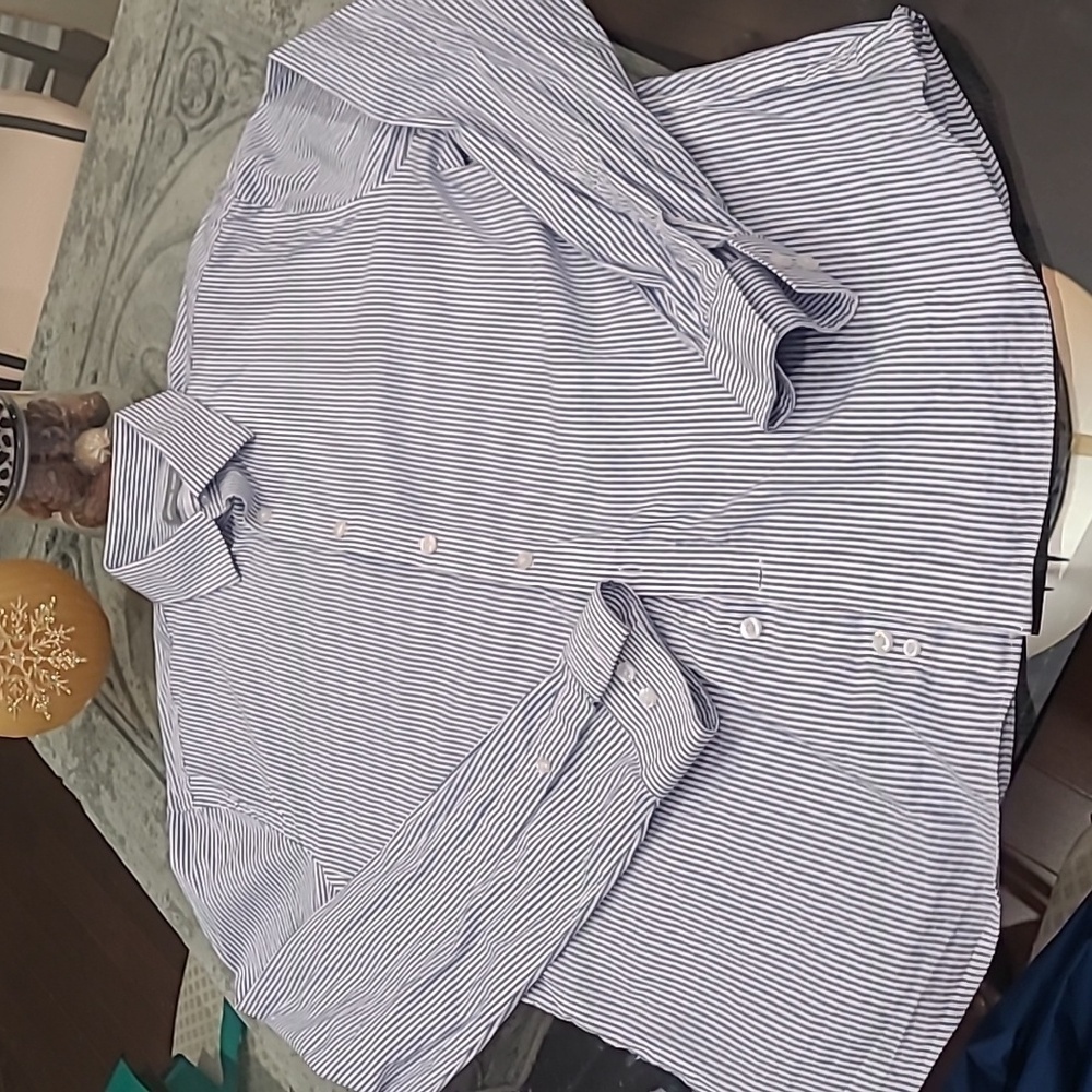 MICHAEL KORS MENS NAVY BLUE STRIPPED DRESS SHIRT LARGE LIKE NEW